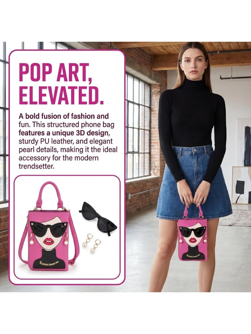 Women Hot Pink Novelty Lady Face PU Leather Shoulder Bag Handle Satchel Clutch - Picture 4 of 7